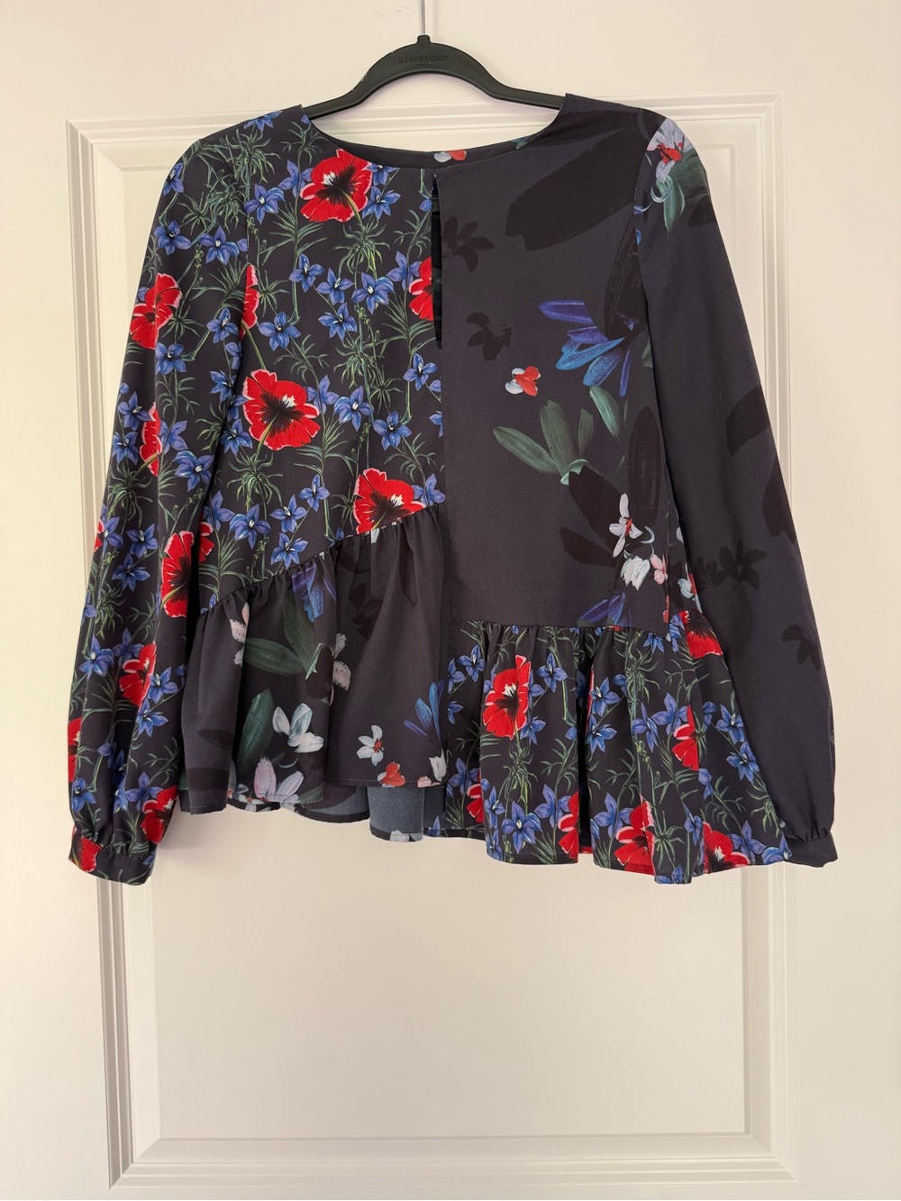French Connection Black Floral Peplum Blouse with Red & Blue Flowers